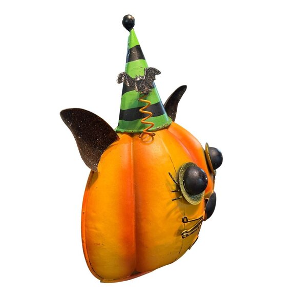 Halloween Pumpkin Cat Face Metal Decoration Witch Hat & Glitter Accents - Picture 2 of 4